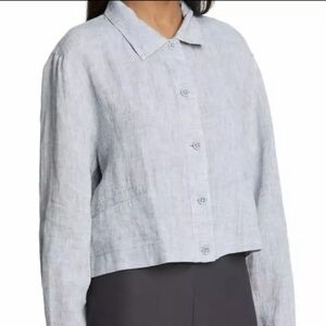 ❤️ EILEEN FISHER YARN DYE HANKY ORGANIC LINEN CROP JACKET IN GRAY, XS